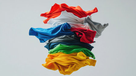 A stack of colorful t-shirts seemingly exploding into the air, captured mid-motion on a white background.の素材