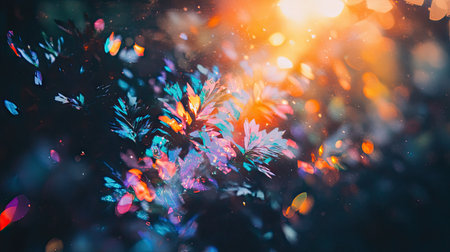 A sun flare with multicolored refractions, creating a vibrant and dynamic visual on a black canvas.の素材