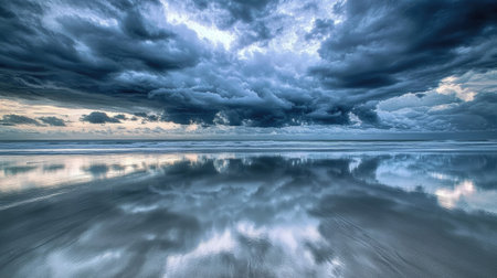 A turbulent sky of dark gray and black clouds over a calm ocean, reflecting the stormy weather.の素材
