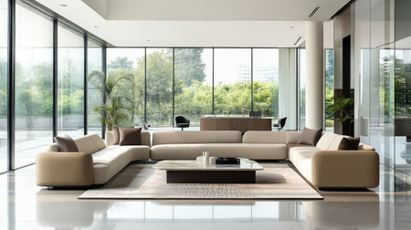 A spacious office lounge with contemporary furniture, a coffee table, and floor-to-ceiling windows letting in natural light.の素材