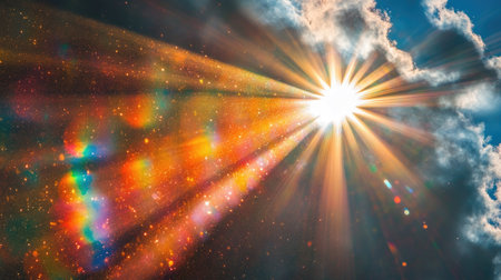 A sun flare with multicolored refractions, creating a vibrant and dynamic visual on a black canvas.の素材
