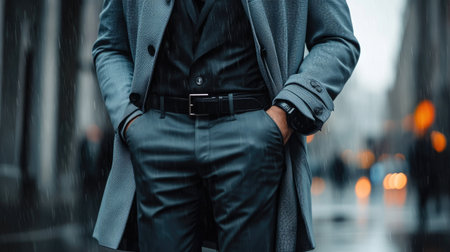 A stylish gentleman in a trench coat and a black leather belt, standing confidently on a rainy city street.の素材