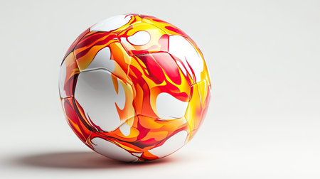 A soccer ball with red and orange flames design, standing out against a simple white background.の素材