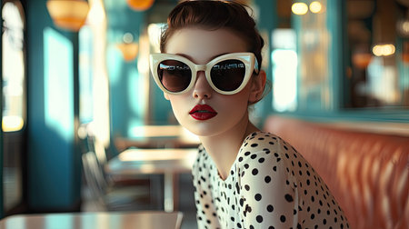 A woman in oversized sunglasses and a vintage-inspired polka dot dress, posing in a retro-style caf.の素材