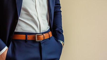 A stylish man in a tailored navy suit and brown leather belt, standing confidently against a neutral background.の素材