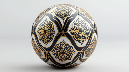A stylish soccer ball with intricate gold and black patterns, showcased on a clean white surface.の素材