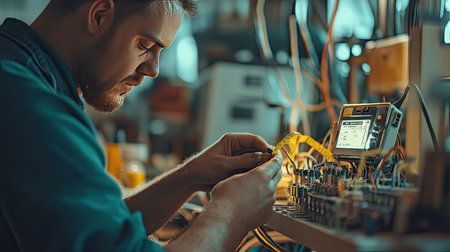 A technician inspecting wire connections insulated with electrical tape, with a multimeter in the background.の素材