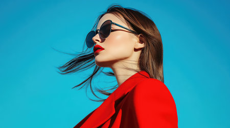 A striking profile shot of a woman in sleek sunglasses and a bold red coat, with her hair blowing in the wind.の素材