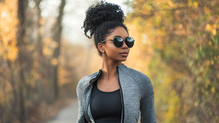 A stylish woman in sporty sunglasses and an athleisure outfit, walking confidently on an urban trail.の素材