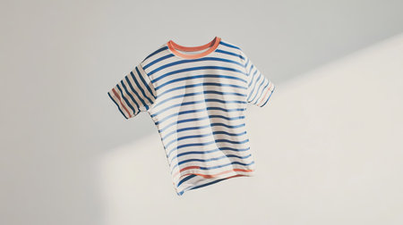 A striped t-shirt caught mid-flight, sleeves extended as if floating weightlessly on a white backdrop.の素材