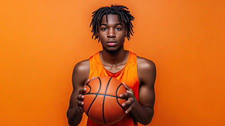 A young athlete gripping a basketball with determination, wearing a sleeveless jersey, isolated on a vibrant orange background.の素材