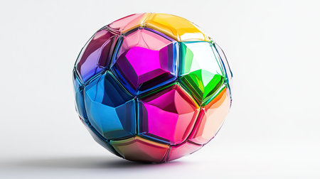 A vibrant soccer ball with rainbow-colored panels, displayed against a pristine white backdrop.の素材