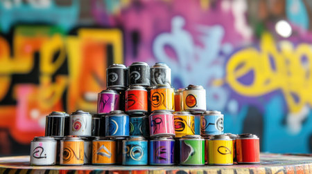 A stack of spray paint cans in a graffiti artist's workspace, with colorful murals in the background.の素材