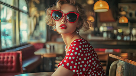 A woman in oversized sunglasses and a vintage-inspired polka dot dress, posing in a retro-style caf.の素材