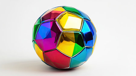 A vibrant soccer ball with rainbow-colored panels, displayed against a pristine white backdrop.の素材
