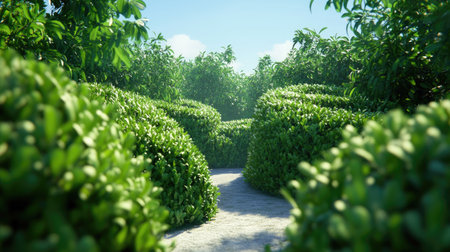 A tranquil labyrinth made of dense green bushes, with a clear blue sky in the background.の素材