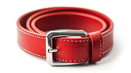 A vibrant red leather belt with a silver buckle isolated on a white background, perfectly centered.の素材
