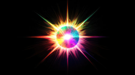 A sun flare with multicolored refractions, creating a vibrant and dynamic visual on a black canvas.の素材