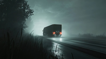 A truck driving on a foggy highway, its taillights glowing faintly through the thick mist.の素材