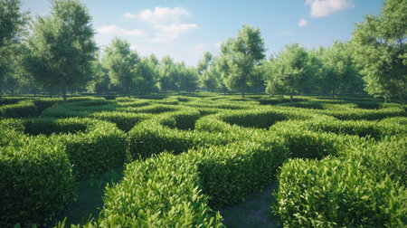 A tranquil labyrinth made of dense green bushes, with a clear blue sky in the background.の素材