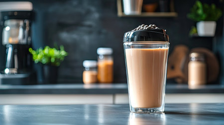A transparent shaker bottle with a protein shake and visible mixing ball, placed on a countertop.の素材
