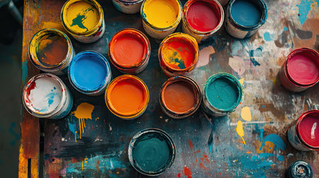 A top-down view of open spray paint cans showing a palette of vibrant colors on a graffiti workshop table.の素材