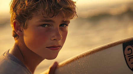 A young surfer adjusting his surfboard before heading into the ocean, the early morning light casting a warm glow.の素材