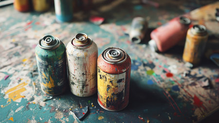 A variety of spray paint cans with worn labels, surrounded by paint splatters on a studio floor.の素材