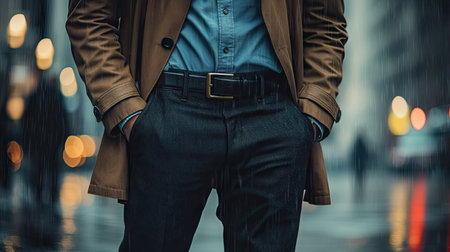 A stylish gentleman in a trench coat and a black leather belt, standing confidently on a rainy city street.の素材