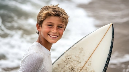 A young surfer with a surfboard at the beach, showing a sense of adventure while the waves roll in.の素材