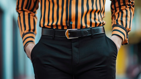 A trendy guy wearing a bold striped shirt and black pants, with a statement belt as the focal accessory.の素材