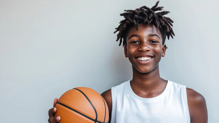 A young basketball player holding the ball with one hand, smiling confidently, against a light gray background.の素材