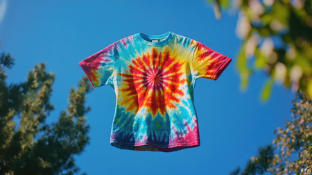 A tie-dye t-shirt tossed into the air, captured with vibrant colors and a sense of playfulness.の素材