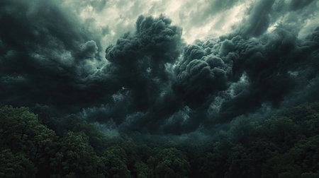 A view of black clouds swirling ominously above a dense forest, creating a dramatic and mysterious scene.の素材