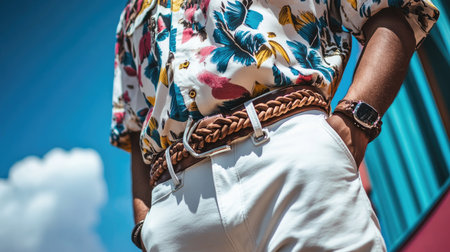 A trendy guy wearing a bold patterned shirt with white pants, accessorized with a braided leather belt.の素材