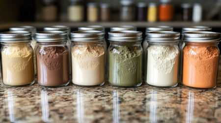 A variety of protein powders in labeled jars, arranged neatly on a kitchen counter.の素材