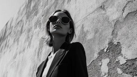 A woman in a monochrome outfit and aviator sunglasses, posing casually against a textured concrete wall.の素材