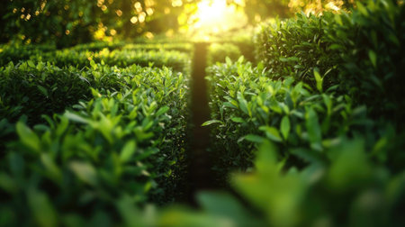 Close-up of a dense green hedge forming part of a labyrinth, with sunlight filtering through the leaves.の素材