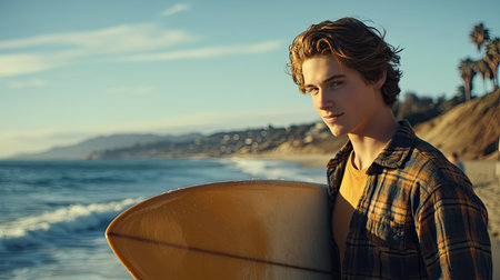 A young man carrying his surfboard as he walks along the beach with a relaxed expression, enjoying the ocean breeze.の素材