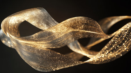 Shimmering strands of golden light twisting in mid-air, glowing brightly in an elegant dance.の素材