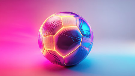 A textured soccer ball with neon-colored lines, glowing subtly on a white backdrop.の素材