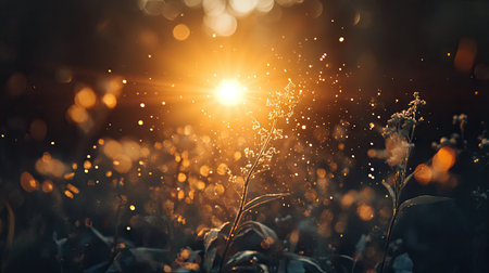 A warm sun flare with soft golden light radiating outward, creating a dreamy effect on a dark background.の素材