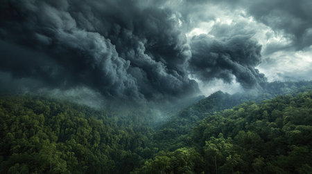 A view of black clouds swirling ominously above a dense forest, creating a dramatic and mysterious scene.の素材