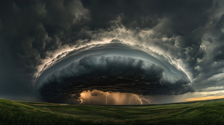 Rolling black clouds spreading across the sky, with streaks of lightning illuminating the scene.の素材