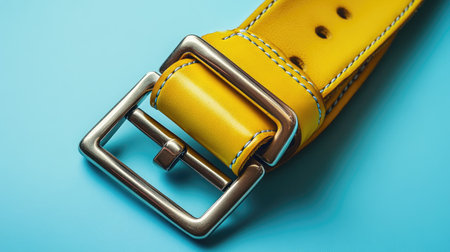 A vibrant yellow leather belt with a square buckle lying flat on a light blue surface.の素材