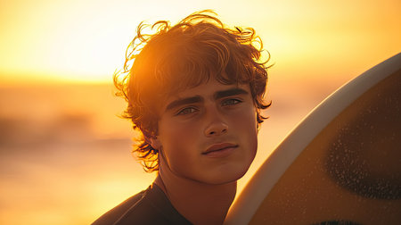 A young man with his surfboard in hand, posing in front of the ocean during golden hour, with warm sunlight.の素材