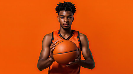 A young athlete gripping a basketball with determination, wearing a sleeveless jersey, isolated on a vibrant orange background.の素材