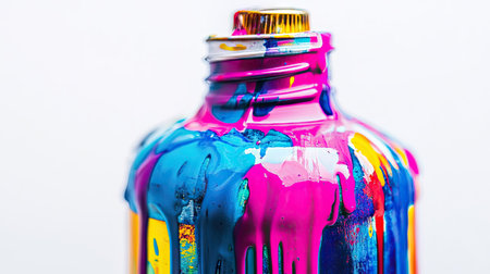 A close-up of a vibrant spray paint can with paint dripping down the nozzle, set against a white background.の素材