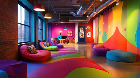 A vibrant office interior with colorful walls, bean bags, and collaborative work areas under industrial-style lighting.の素材