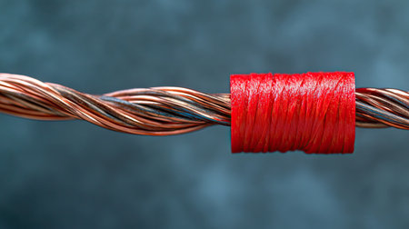 Two copper wires twisted together and insulated with red electrical tape, against a gray industrial surface.の素材